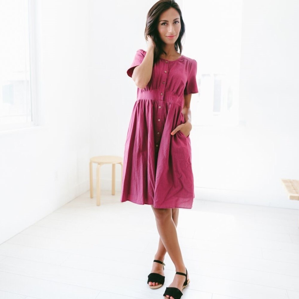 Lydia Button Down Dress - Medium, Magenta